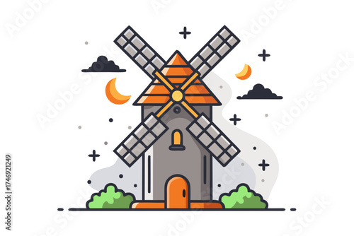 Old windmill with glowing window spooky night scene