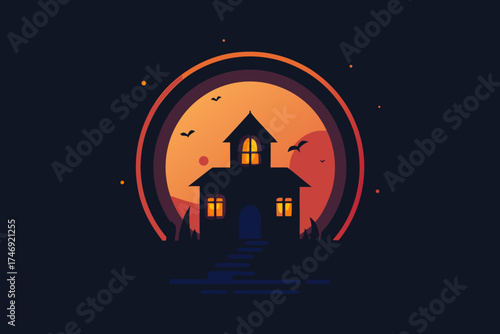 Spooky house silhouette inside glowing full moon