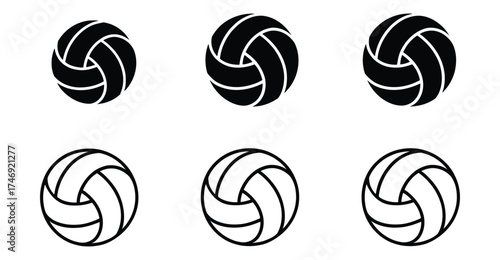  Volleyball icon set in solid and outline styles, minimalist sports symbols for athletic design, game interfaces, and recreational branding