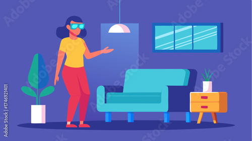 A woman using augmented reality glasses to visualize furniture in her living room illustrating the innovative shopping experience.