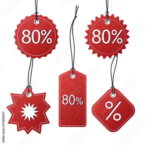 Collection of red sale tags with 80 discount, isolated on transparent background