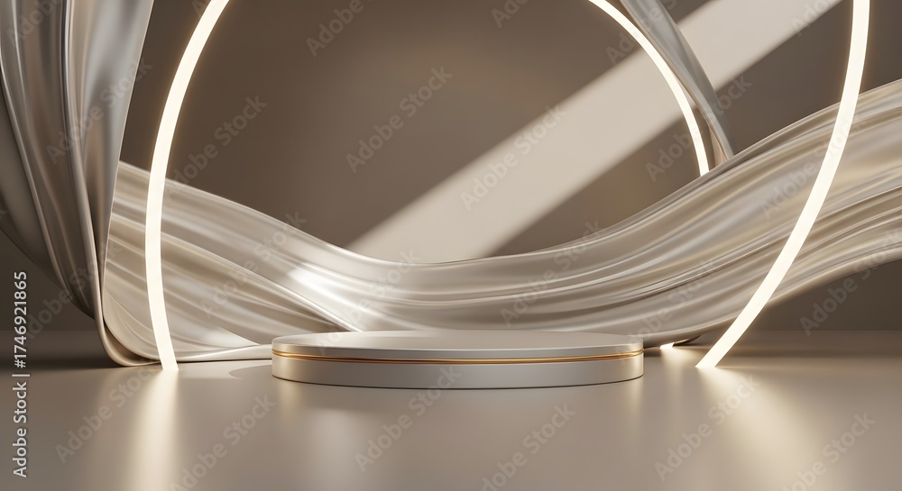 Obraz premium Elegant podium with flowing fabric and glowing ring light, perfect for product display and luxury presentation