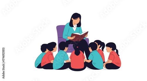 Teacher reading a story to a group of young students during a lesson.

