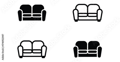 Two-seater sofa icon set in solid and outline styles, minimalist furniture symbols for interior design, home decor, and UI applications