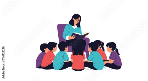 Teacher reading a story to a group of young students during a lesson.

