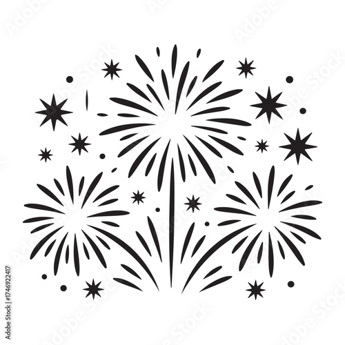 Explosion of festive fireworks display in night sky isolated on white background