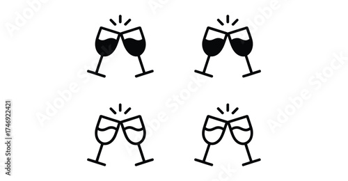 Clinking wine glasses icon set in festive motion, minimalist celebration symbols for party, toast, event, and social gathering design