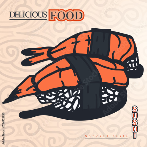 ebi sushi hand drawn illustration design with prawn on topping. sushi template for sushi restaurant