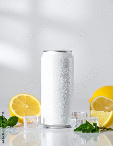 Cold White Beverage Can With Lemon and Ice Cubes