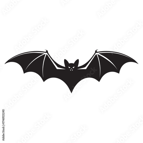 Silhouette of a black bat with outstretched wings in flight against a white background