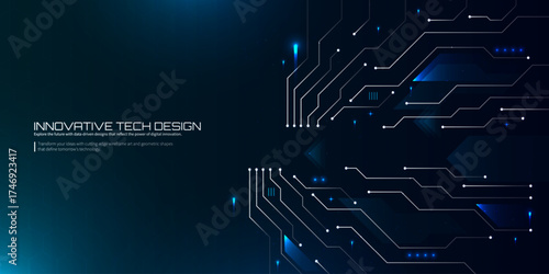 Futuristic Digital Circuit Board with Glowing Lines and Geometric Data Connection Design