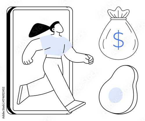 Confident woman stepping out of a device with a dollar bag and avocado representing wealth, well-being, and lifestyle. Ideal for financial literacy, empowerment, healthy choices, work-life balance