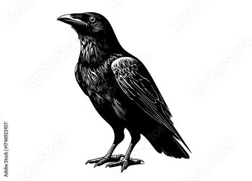 a black and white drawing of a crowbeak, bird, black, crow, illustration, raven, stand, white 