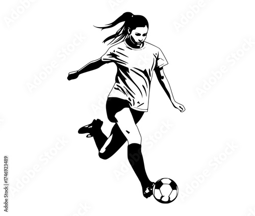 a female soccer player in action, kicking a ballball, black, football, football player, girl, illustration, kick, play, profile, woman 