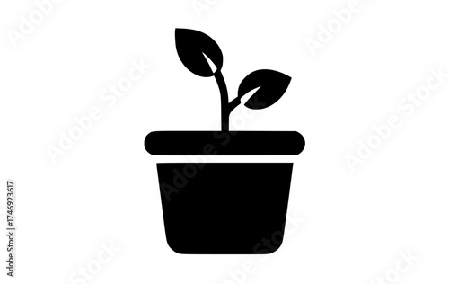 a black and white icon of a plant in a potblack, flat, flower, green, grow, houseplant, icon, illustration, plant, pot, profile, sprout 