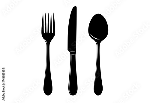 a black and white silhouette of a knife, fork and spoonblack, cutlery, fork, profile, silverware, utensil 