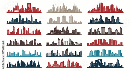 A collection of diverse city skyline silhouettes in various colors and styles.


