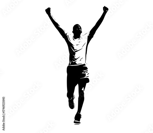 a silhouette of a man jumping with his arms raised in celebrationarm, athletic, black, hand, jump, man, muscle, profile, stretch, white 