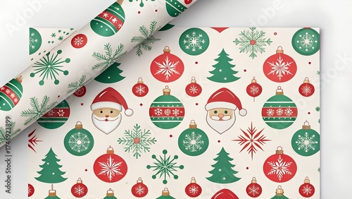 Festive christmas wrapping paper featuring a playful pattern of santa claus faces, ornaments, snowflakes, and christmas trees in red and green on a light background, perfect for christmas design