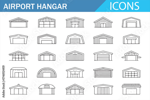 Hangar Storage Facility Icons - Simple Vector Outline Illustrations