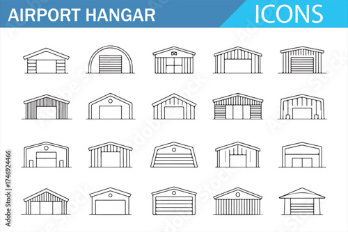 Aircraft Hangar Outline Icons - Vector Set for Aviation Infrastructure