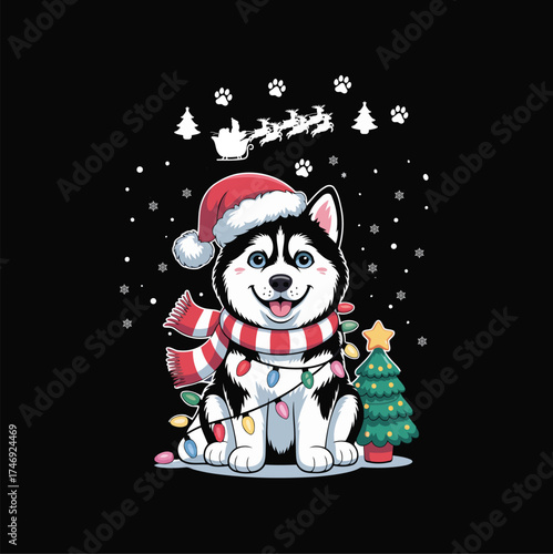 Christmas Husky Dog Wearing Santa Hat – Cute Winter Holiday T-shirt Vector Design
