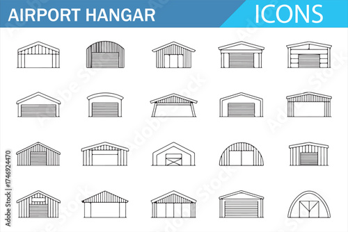 Airport Hangar Storage Icon Set - Vector Drawings of Aircraft Shelters