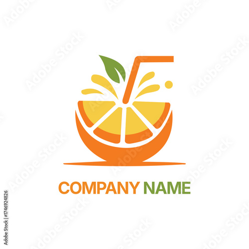 Fresh orange juice logo with straw and splash