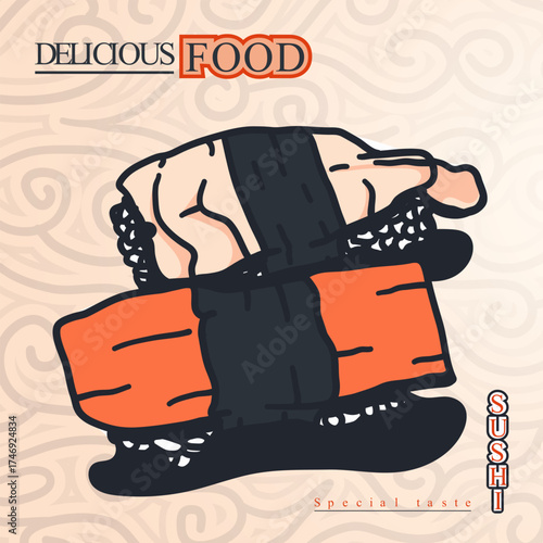 kani sushi with prawn and tuna fish on topping in hand drawn line art design
