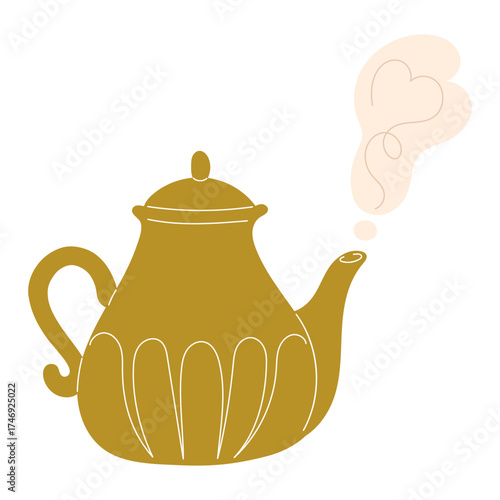 Porcelain green teapot with steam rising from spout, elegant and cute tableware design
