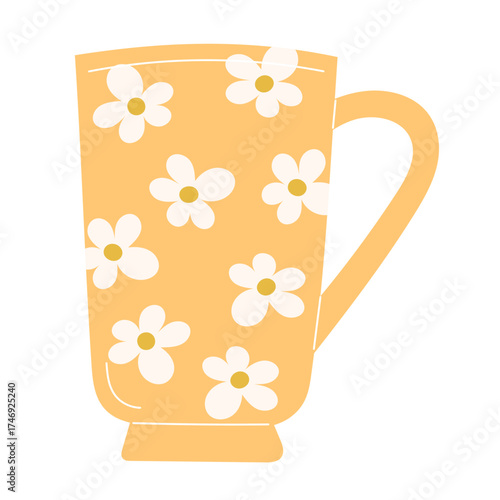 Tall cute yellow cup with white daisies, charming spring tableware design for tea or coffee