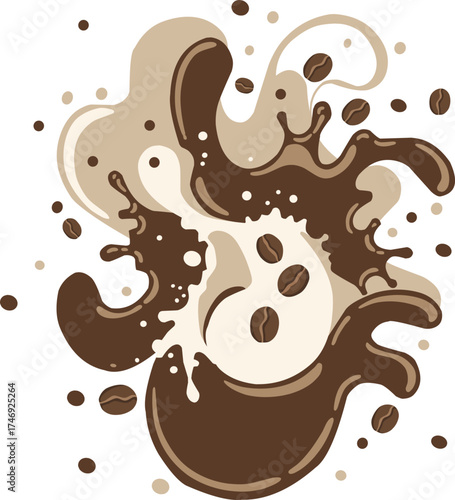 A brown splash of coffee with a few coffee beans on it. The coffee is splattered all over the image