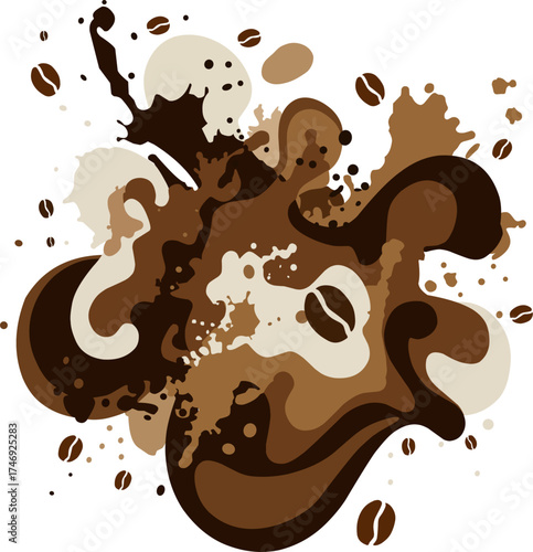 A brown splash of coffee with a few coffee beans on it. The coffee is splattered all over the image