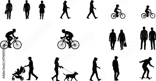 Urban lifestyle silhouettes showing people walking, cycling, parenting, and commuting in city environment, vector illustration for daily life, mobility, and community activity