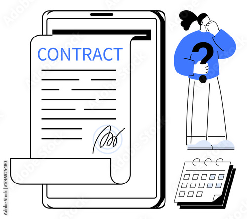 Digital contract displayed on a tablet with signature, a thinking person holding a question mark, and a calendar. Ideal for decision-making, legal agreements, deadlines, e-signatures, planning