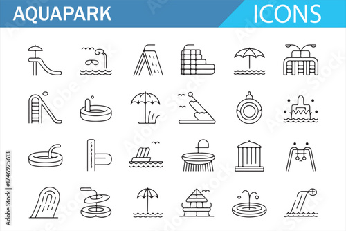 Aquapark leisure and water icons, perfect for designing water parks and recreational spaces.