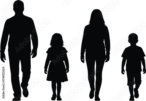 Silhouette of a walking family — father, mother, daughter, son — black vector illustration for togetherness, parenting, childhood, unity, and family bonding themes
