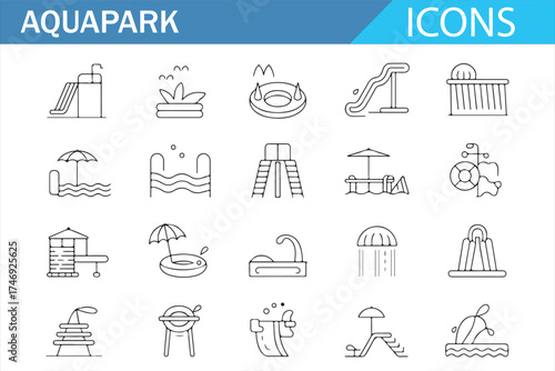 Icon set for water parks, including elements like slides, pools, and aquatic attractions.