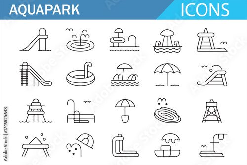 Water recreation icons representing aquapark features like slides, pools, and lifebuoys.