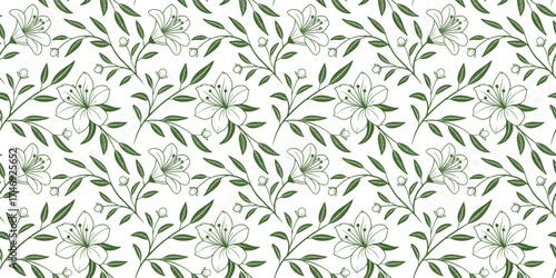 Seamless floral pattern with elegant hand-drawn white flowers and green leaves in a delicate design. Perfect for fabric, wallpaper, and digital backgrounds. Ideal for botanical, vintage, and modern pr