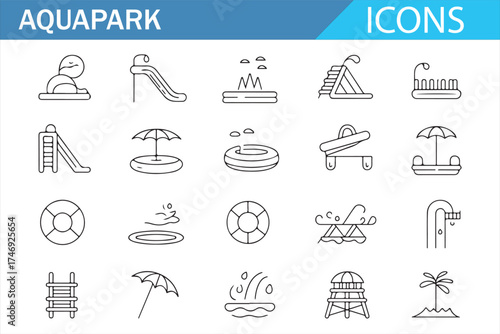 Aquapark icons for water slides, inflatable pools, and recreation activities.