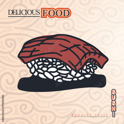 Sushi in nigiri type with red fish for topping in doodle line art design. sushi template design