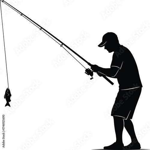 Man silhouette fishing with rod, catching fish, outdoor recreation vector illustration for leisure, hobby, nature, and lifestyle themes, ideal for ads, posters,