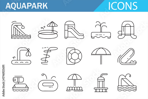 Fun and leisure aquapark icons, ideal for summer activities and water park designs.