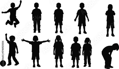 Collection of ten child silhouettes in various poses — jumping, standing, playing soccer, bowing — black vector illustration for childhood, activity, play, education, and diverse kid themes