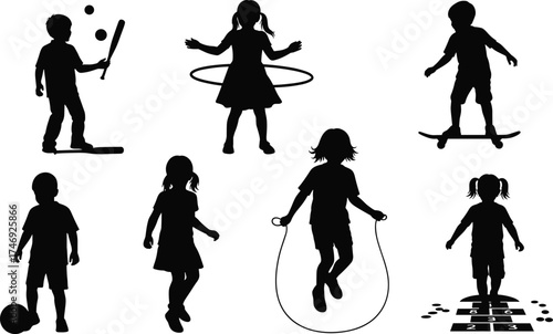 Collection of eight child silhouettes engaged in playful activities — baseball, hula hoop, skateboarding, soccer, jump rope, hopscotch — black vector illustration for childhood,