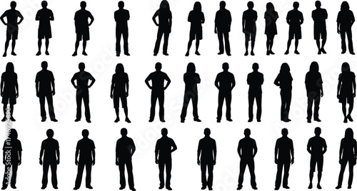 Collection of diverse adult human silhouettes in standing poses — black vector illustration for people, crowd, society, gender, urban life, and demographic themes