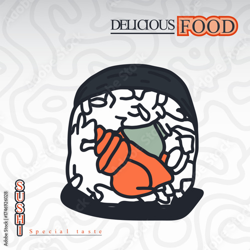 Maki sushi illustration with rice inside and more fillings in hand drawn design. sushi template