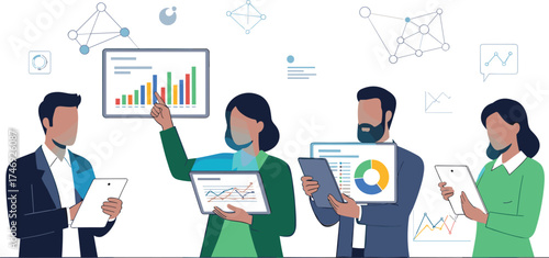 Business professionals analyzing data, reviewing charts and graphs, collaborating with digital tablets in modern office, team strategy meeting, vector illustration for corporate analytics