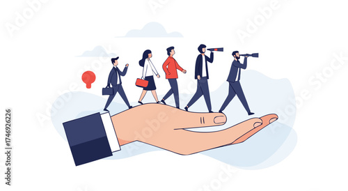 A team of professionals walking on a helping hand.

